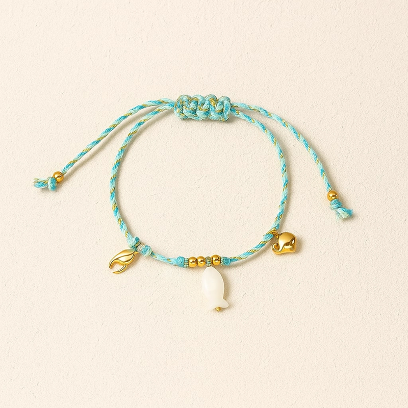 Knotty Bracelet, 18KT Gold Plated Stainless Steel Beach & Fish Charm Threaded Bracelet