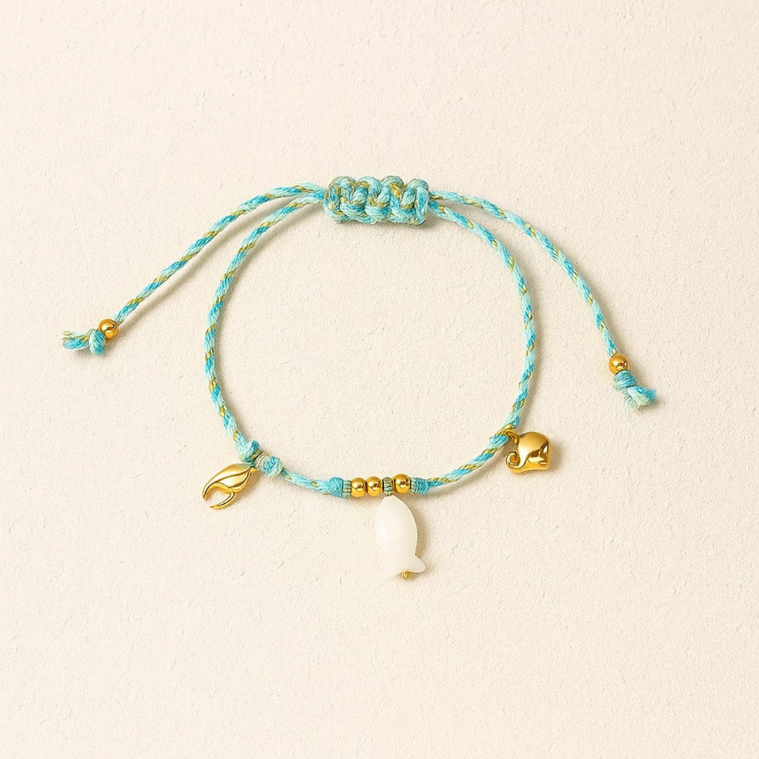 Knotty Bracelet, 18KT Gold Plated Stainless Steel Beach & Fish Charm Threaded Bracelet
