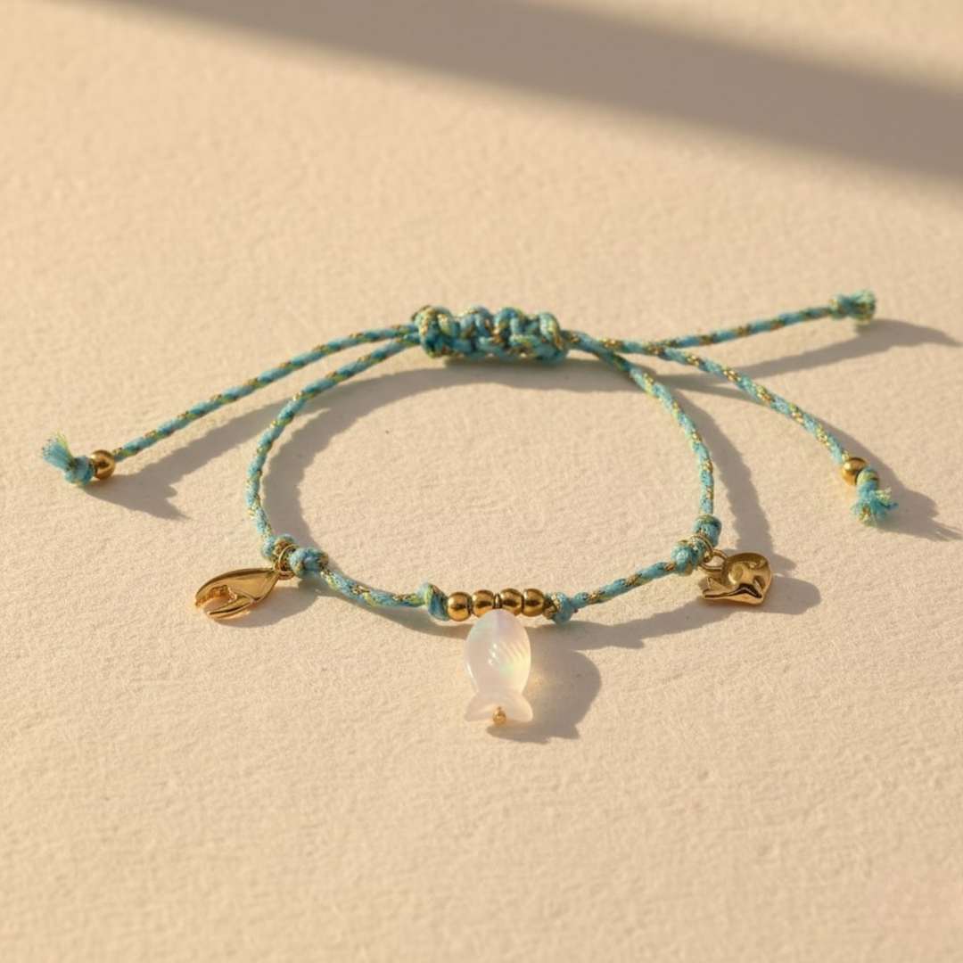 Knotty Bracelet, 18KT Gold Plated Stainless Steel Beach & Fish Charm Threaded Bracelet