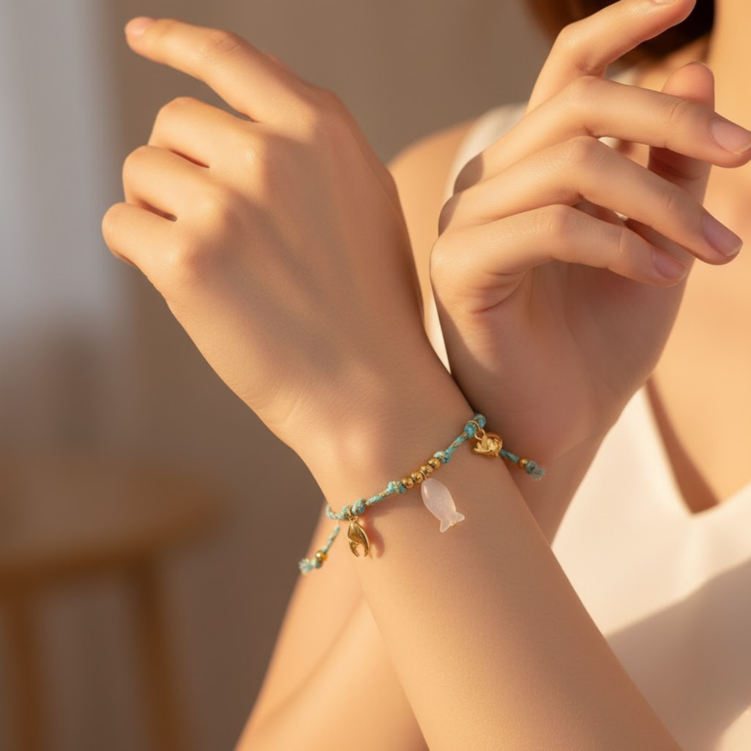 Knotty Bracelet, 18KT Gold Plated Stainless Steel Beach & Fish Charm Threaded Bracelet