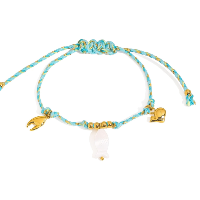 Knotty Bracelet, 18KT Gold Plated Stainless Steel Beach & Fish Charm Threaded Bracelet