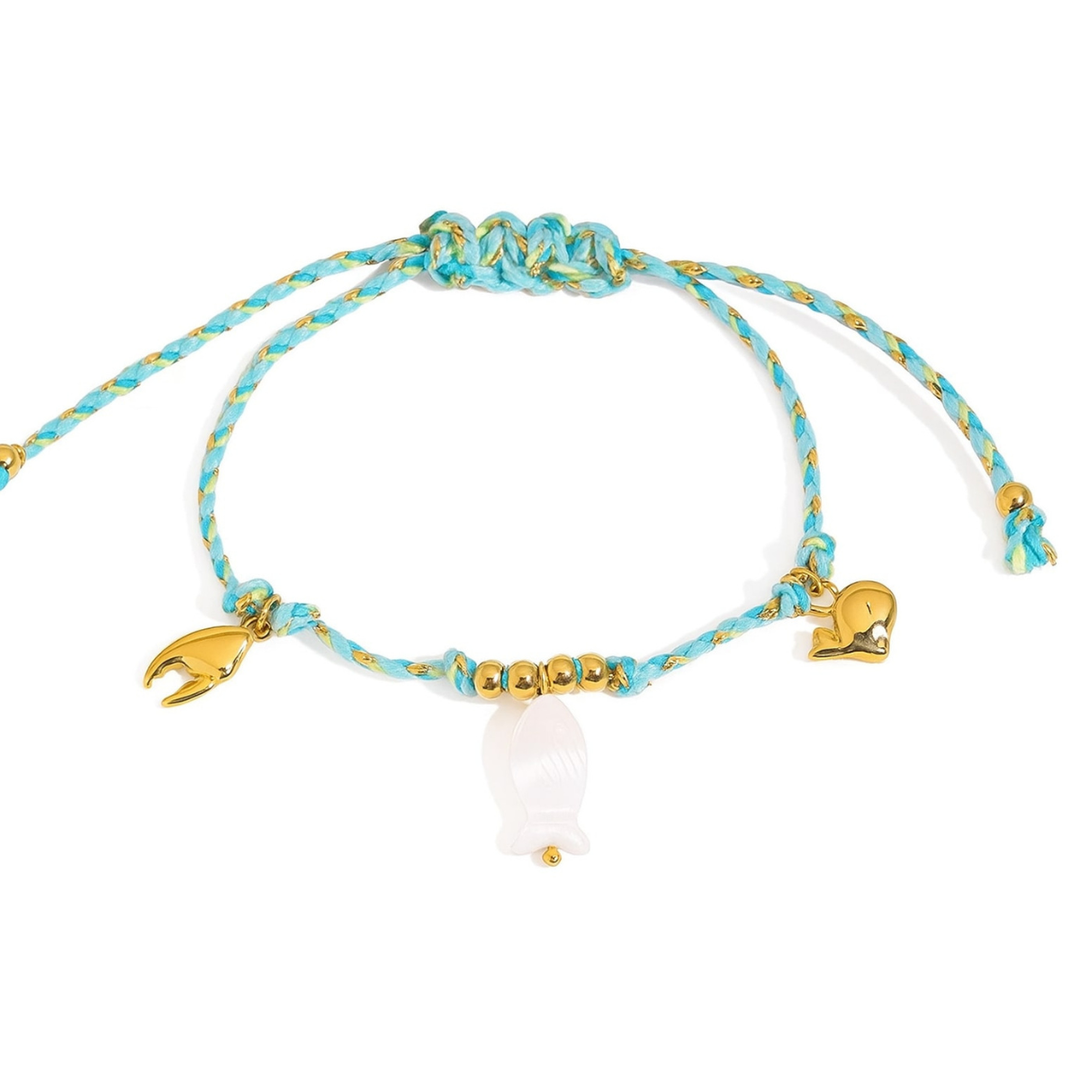 Knotty Bracelet, 18KT Gold Plated Stainless Steel Beach & Fish Charm Threaded Bracelet
