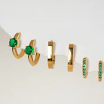 Load image into Gallery viewer, Inaya Modern Festive 18KT Gold Plated Set of 3 Emerald Green Zircon Round &amp; Box Earrings, Kyra
