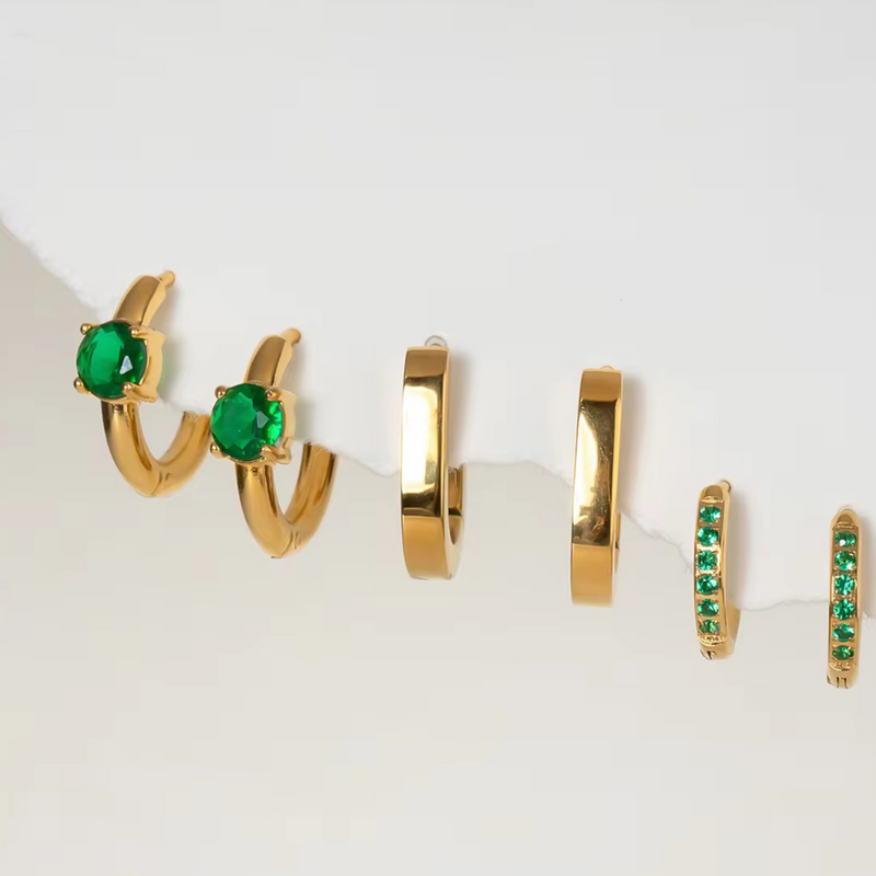 Inaya Modern Festive 18KT Gold Plated Set of 3 Emerald Green Zircon Round & Box Earrings, Kyra