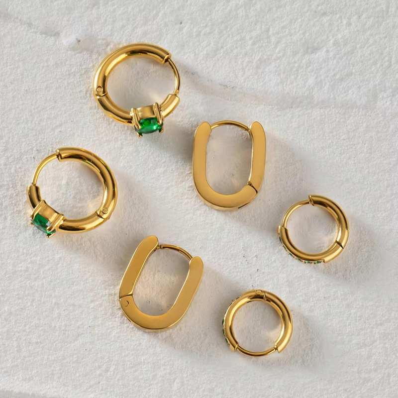 Inaya Modern Festive 18KT Gold Plated Set of 3 Emerald Green Zircon Round & Box Earrings, Kyra