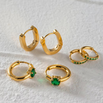 Load image into Gallery viewer, Inaya Modern Festive 18KT Gold Plated Set of 3 Emerald Green Zircon Round &amp; Box Earrings, Kyra

