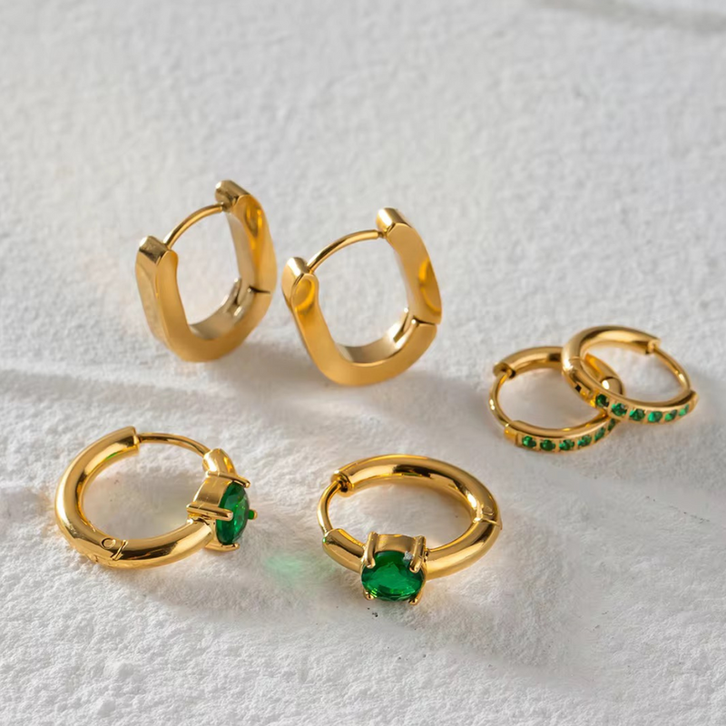 Inaya Modern Festive 18KT Gold Plated Set of 3 Emerald Green Zircon Round & Box Earrings, Kyra