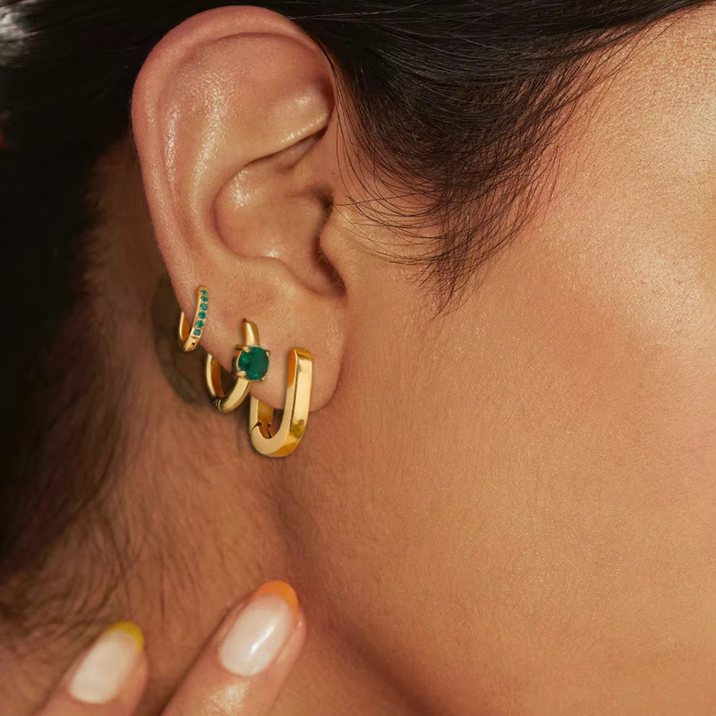 Inaya Modern Festive 18KT Gold Plated Set of 3 Emerald Green Zircon Round & Box Earrings, Kyra