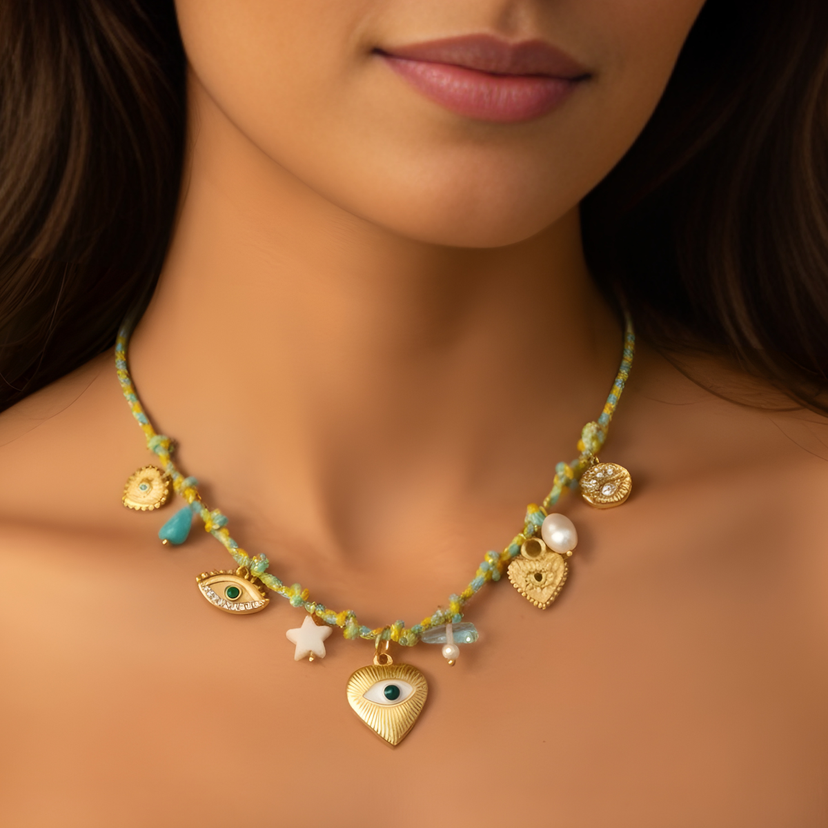 Lagoon necklace, 18kt gold plated stainless steel evil eye and bead charms thread necklace