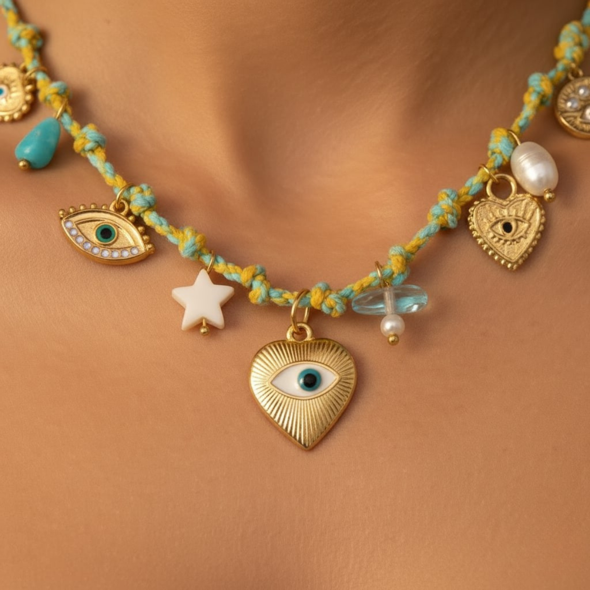 Lagoon necklace, 18kt gold plated stainless steel evil eye and bead charms thread necklace