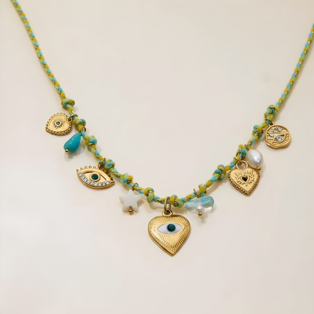 Lagoon Necklace, 18KT Gold Plated Stainless Steel Evil Eye and Bead Charms Thread Necklace