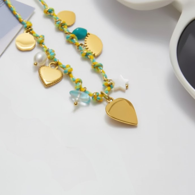 Lagoon Necklace, 18KT Gold Plated Stainless Steel Evil Eye and Bead Charms Thread Necklace