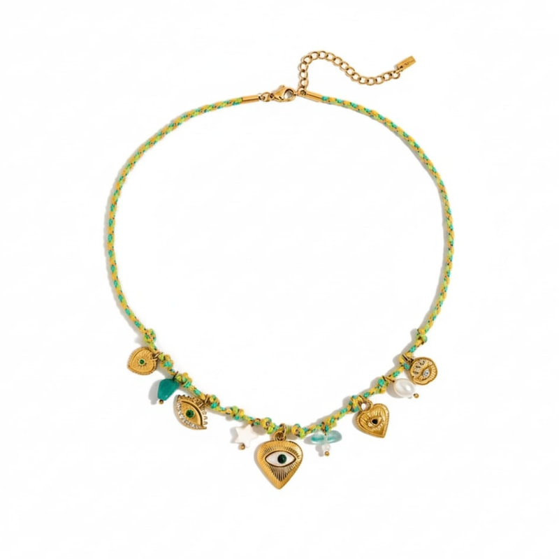 Lagoon Necklace, 18KT Gold Plated Stainless Steel Evil Eye and Bead Charms Thread Necklace