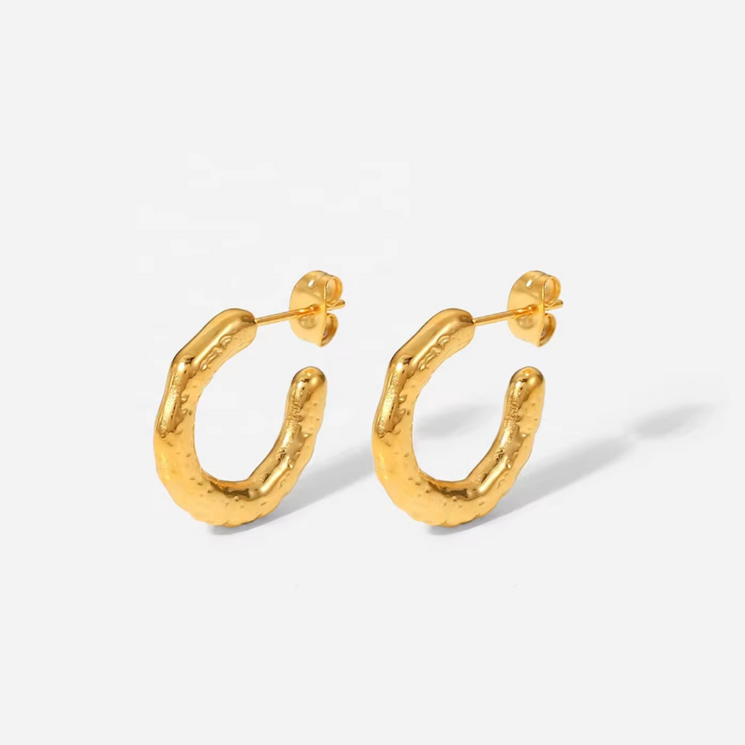 Inaya Modern Festive 18KT Gold Plated Hammered C Shaped Hoop Earrings, Lee