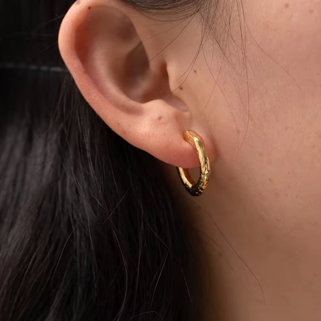 Inaya Modern Festive 18KT Gold Plated Hammered C Shaped Hoop Earrings, Lee