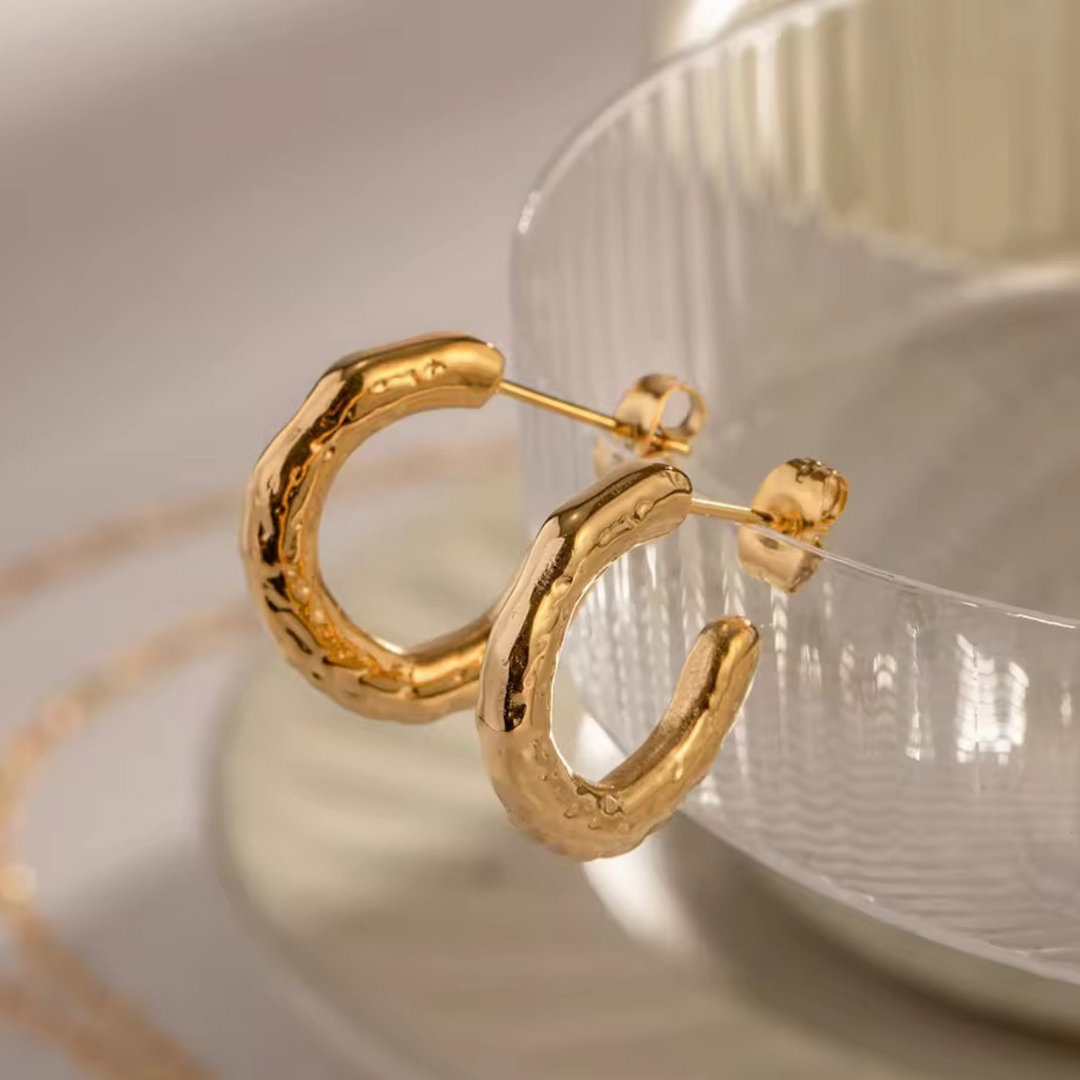 Inaya Modern Festive 18KT Gold Plated Hammered C Shaped Hoop Earrings, Lee