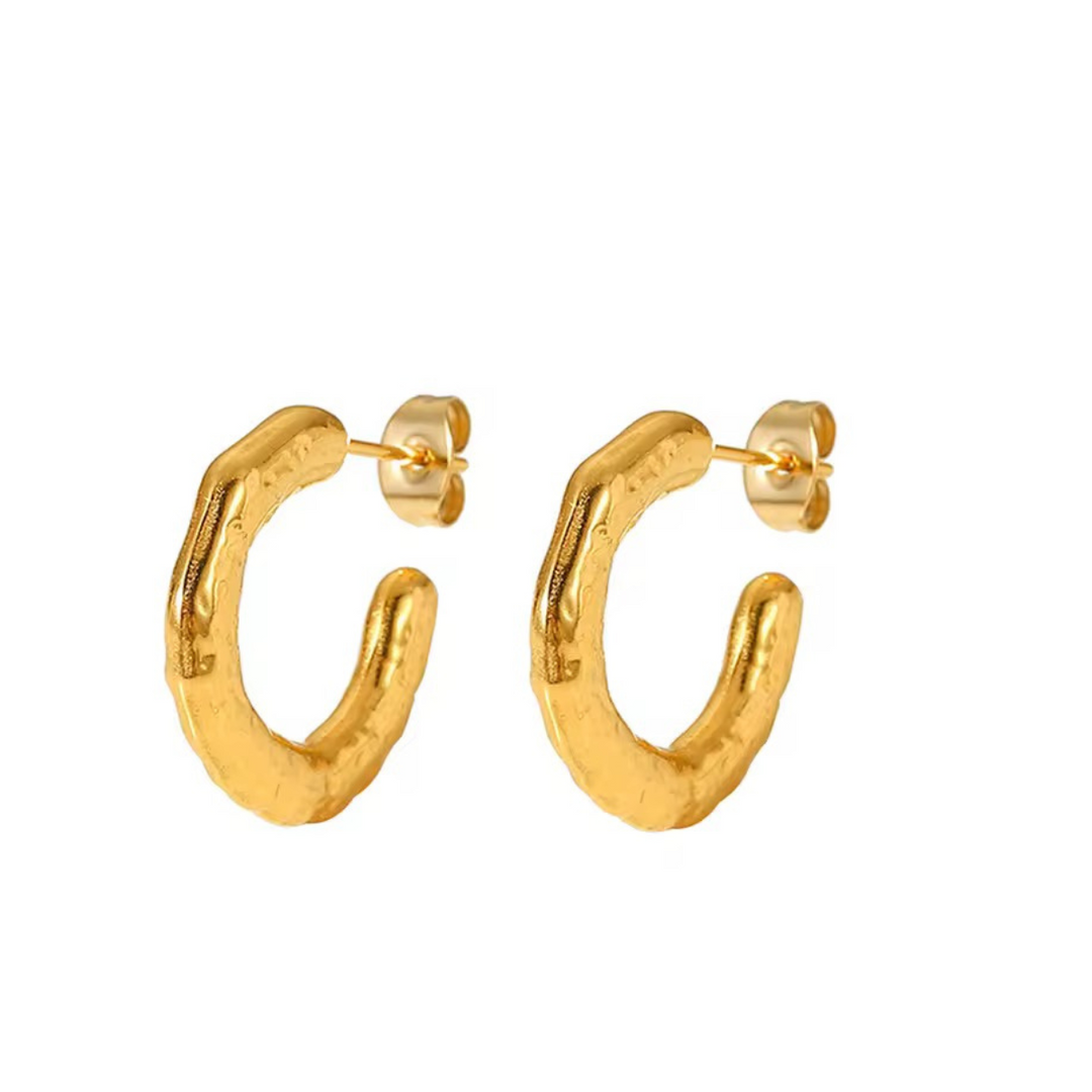 Inaya Modern Festive 18KT Gold Plated Hammered C Shaped Hoop Earrings, Lee
