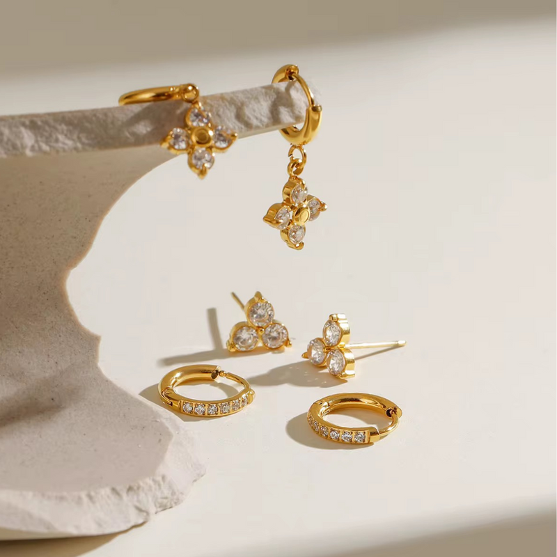 18KT Gold Plated Set of Three Flower and Golden Hoops Stainless Steel Waterproof Earrings Set, Liana