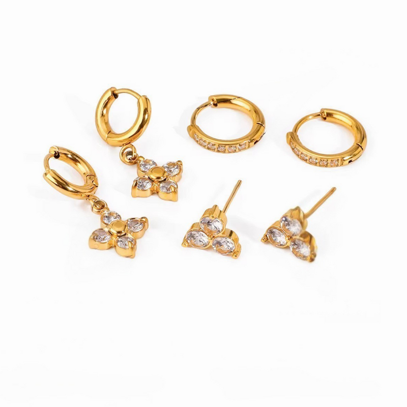 18KT Gold Plated Set of Three Flower and Golden Hoops Stainless Steel Waterproof Earrings Set, Liana