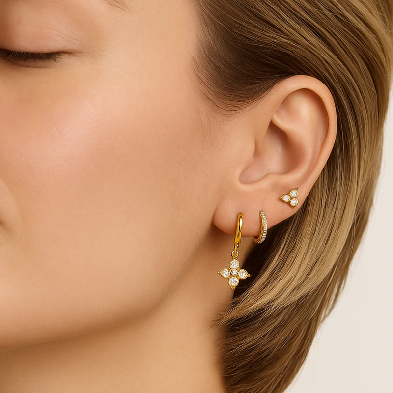 18KT Gold Plated Set of Three Flower and Golden Hoops Stainless Steel Waterproof Earrings Set, Liana