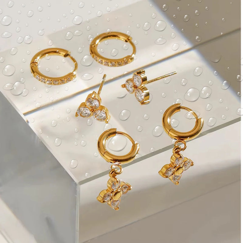 18KT Gold Plated Set of Three Flower and Golden Hoops Stainless Steel Waterproof Earrings Set, Liana