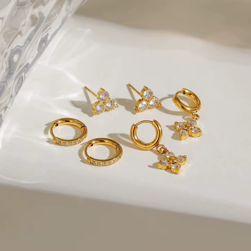 18KT Gold Plated Set of Three Flower and Golden Hoops Stainless Steel Waterproof Earrings Set, Liana
