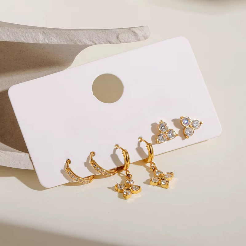 18KT Gold Plated Set of Three Flower and Golden Hoops Stainless Steel Waterproof Earrings Set, Liana