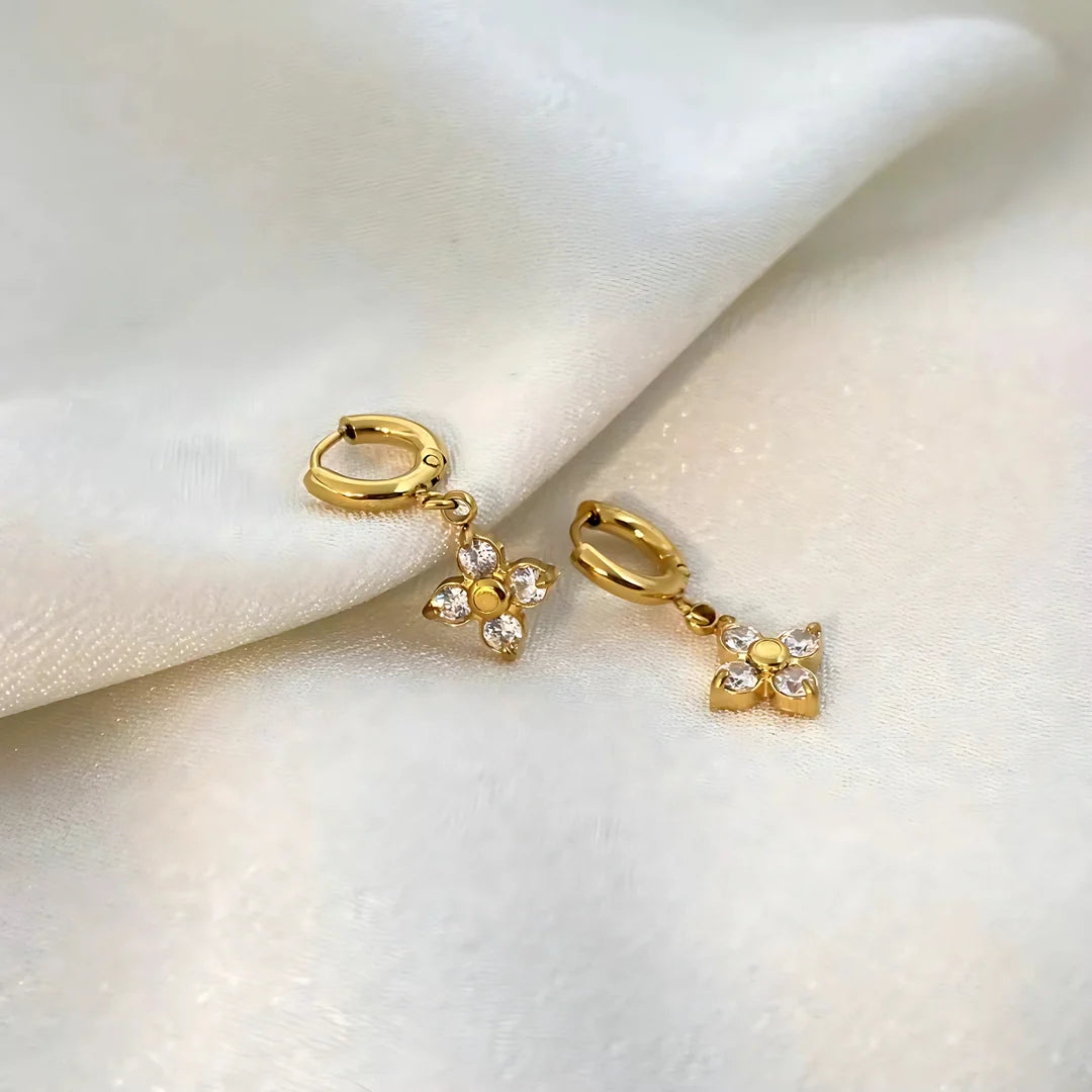 18KT Gold Plated Set of Three Flower and Golden Hoops Stainless Steel Waterproof Earrings Set, Liana