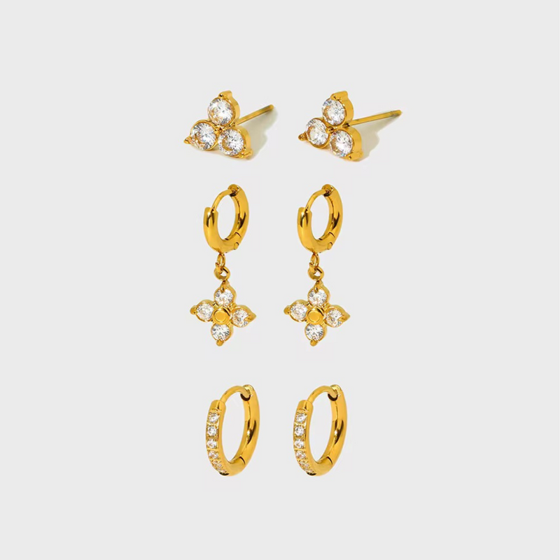 18KT Gold Plated Set of Three Flower and Golden Hoops Stainless Steel Waterproof Earrings Set, Liana