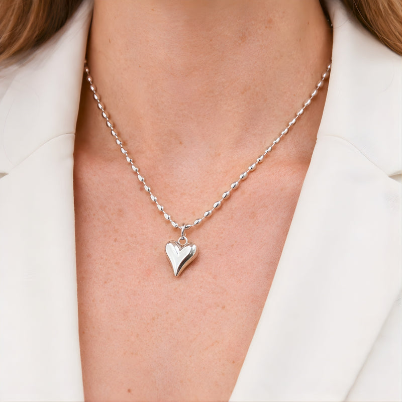 18KT Gold Plated Stainless Steel Silver Heart Necklace with Beaded Ball Chain for Women, Livvy