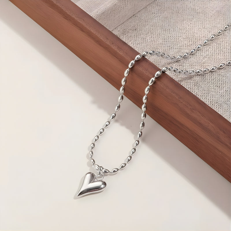 18KT Gold Plated Stainless Steel Silver Heart Necklace with Beaded Ball Chain for Women, Livvy