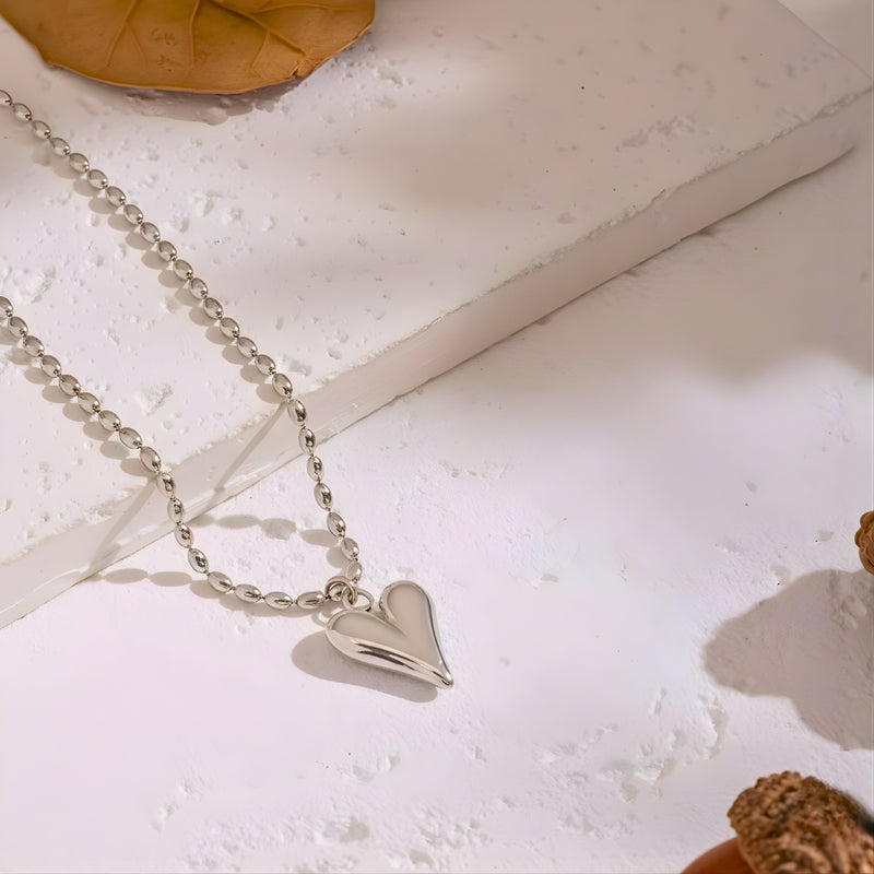 18KT Gold Plated Stainless Steel Silver Heart Necklace with Beaded Ball Chain for Women, Livvy