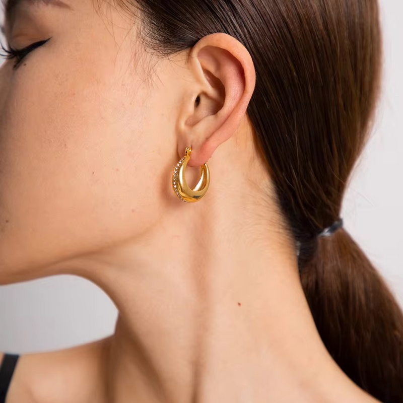 Inaya Modern Festive 18KT Gold Plated U Shaped Bali Chunky Statement Hoop Earrings, Liza