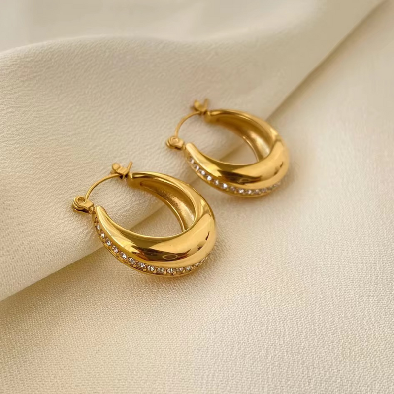 Inaya Modern Festive 18KT Gold Plated U Shaped Bali Chunky Statement Hoop Earrings, Liza