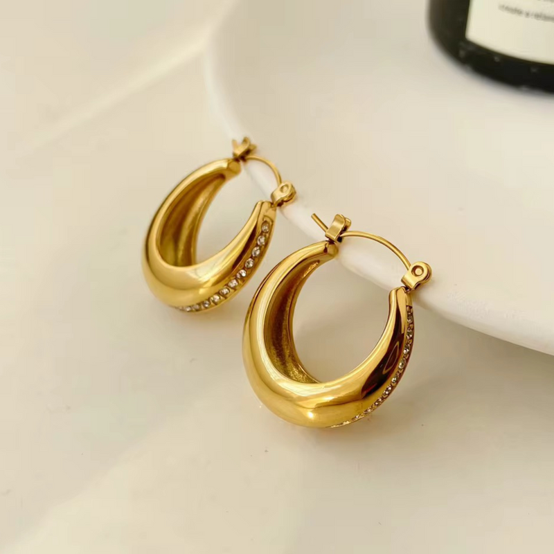 Inaya Modern Festive 18KT Gold Plated U Shaped Bali Chunky Statement Hoop Earrings, Liza