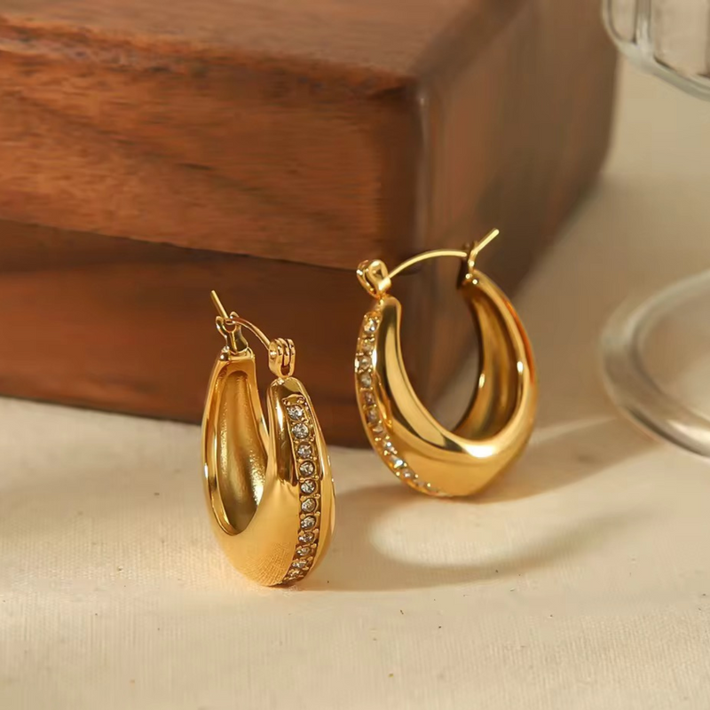 Inaya Modern Festive 18KT Gold Plated U Shaped Bali Chunky Statement Hoop Earrings, Liza