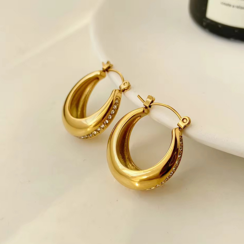 Inaya Modern Festive 18KT Gold Plated U Shaped Bali Chunky Statement Hoop Earrings, Liza