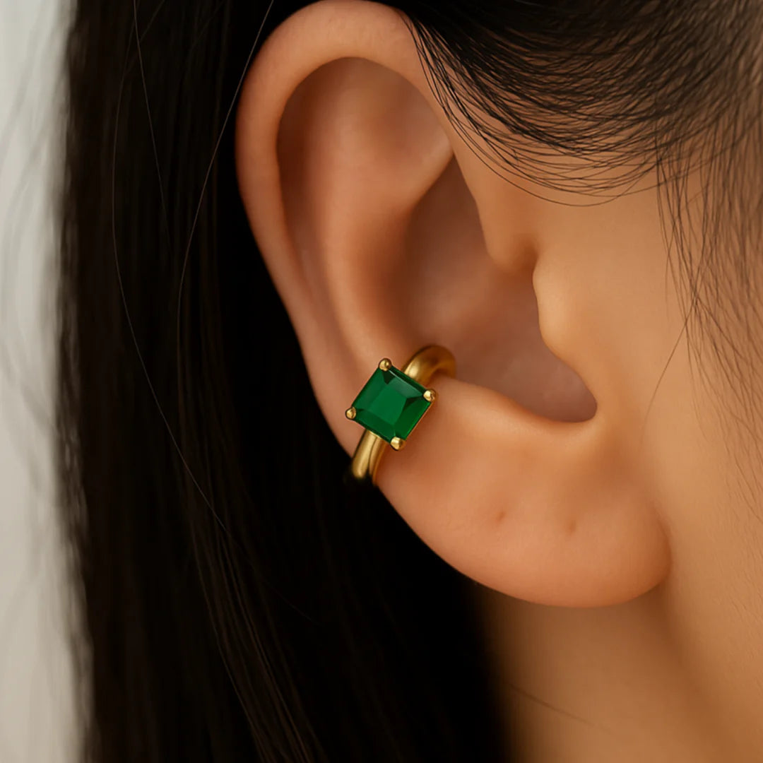 18kt Gold Plated Emerald Square Zircon Cuff Earrings, Lopa(No Piercing required)