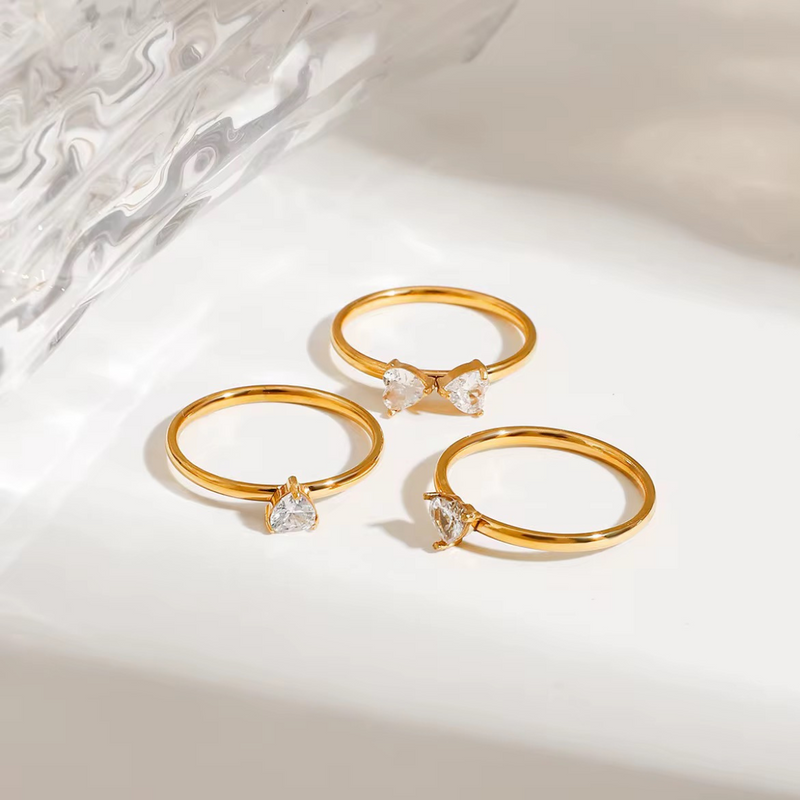 18KT Gold Plated Set of 3 Stackable Diamond Heart Stainless Steel Waterproof Rings, Lyra