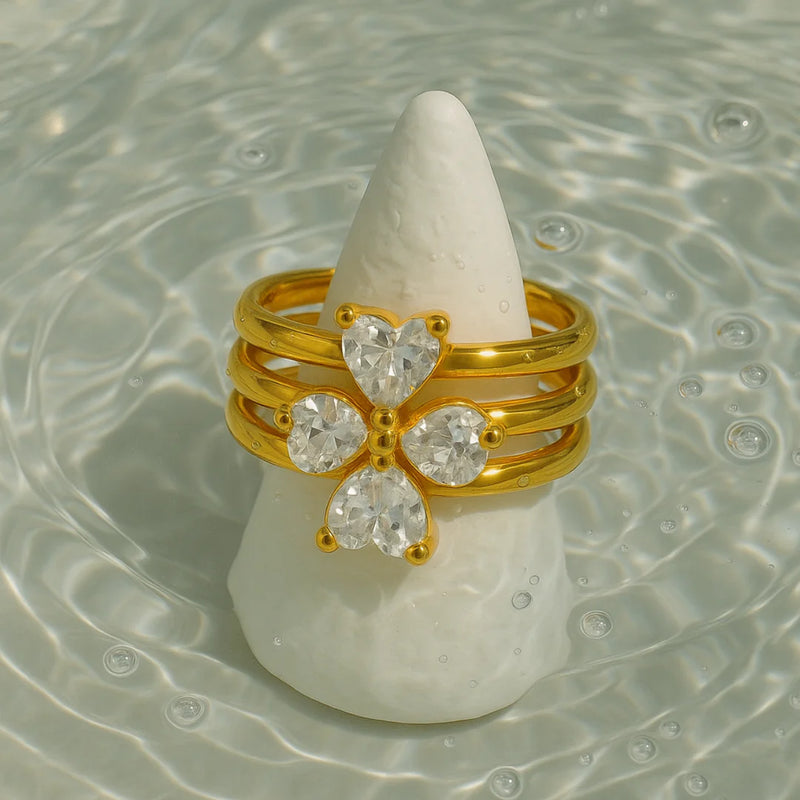 18KT Gold Plated Set of 3 Stackable Diamond Heart Stainless Steel Waterproof Rings, Lyra