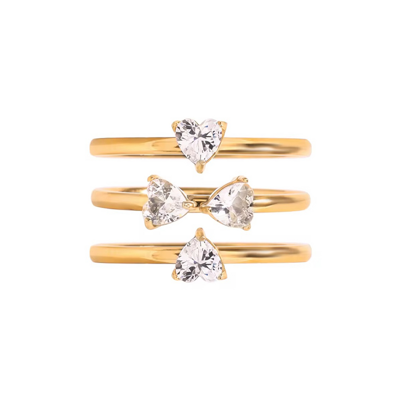 18KT Gold Plated Set of 3 Stackable Diamond Heart Stainless Steel Waterproof Rings, Lyra