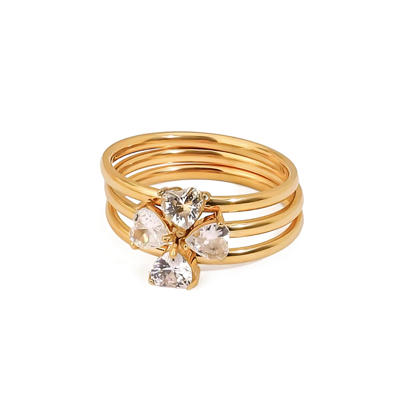 18KT Gold Plated Set of 3 Stackable Diamond Heart Stainless Steel Waterproof Rings, Lyra