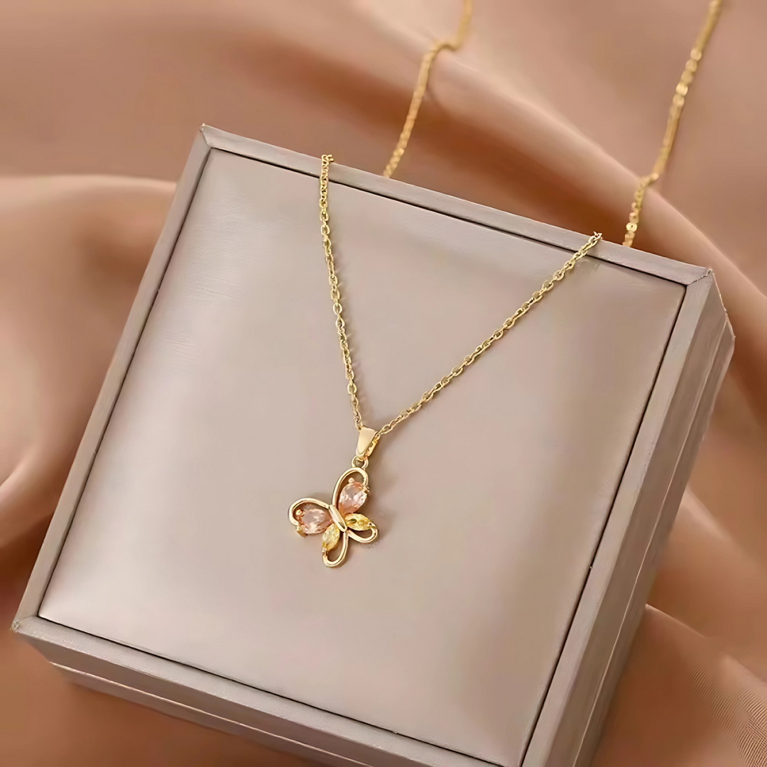 18kt Gold Plated Dainty Pink and Yellow Butterfly Pendant Stainless Steel Waterproof Necklace, Mabel