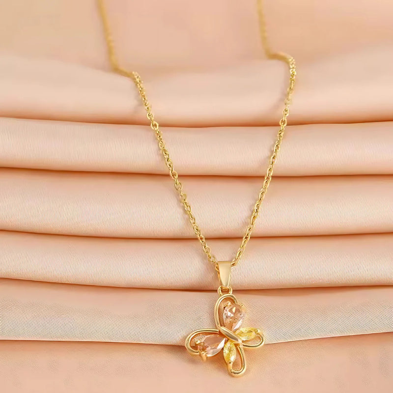 18kt Gold Plated Dainty Pink and Yellow Butterfly Pendant Stainless Steel Waterproof Necklace, Mabel