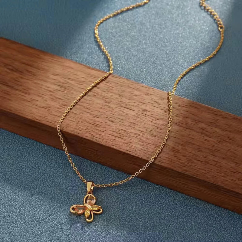 18kt Gold Plated Dainty Pink and Yellow Butterfly Pendant Stainless Steel Waterproof Necklace, Mabel