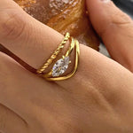 Load image into Gallery viewer, 18KT Gold Plated Set of 2 Stackable Water Droplet and leaves Stainless Steel Waterproof Rings, Magnolia
