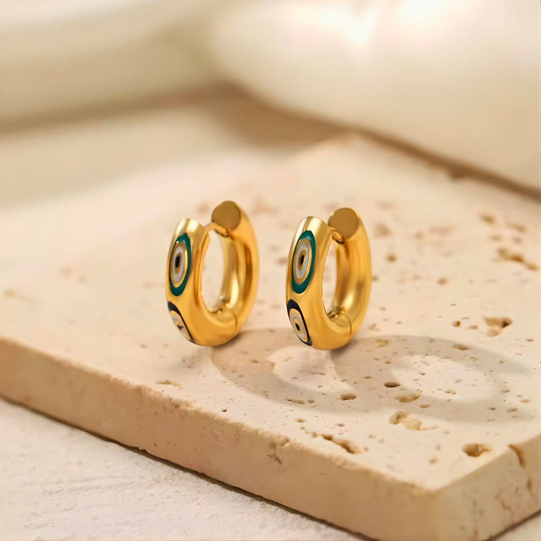 18KT Gold Plated Stainless Steel Blue Enamel Evil Eye Hoop Earrings for Women, Maja
