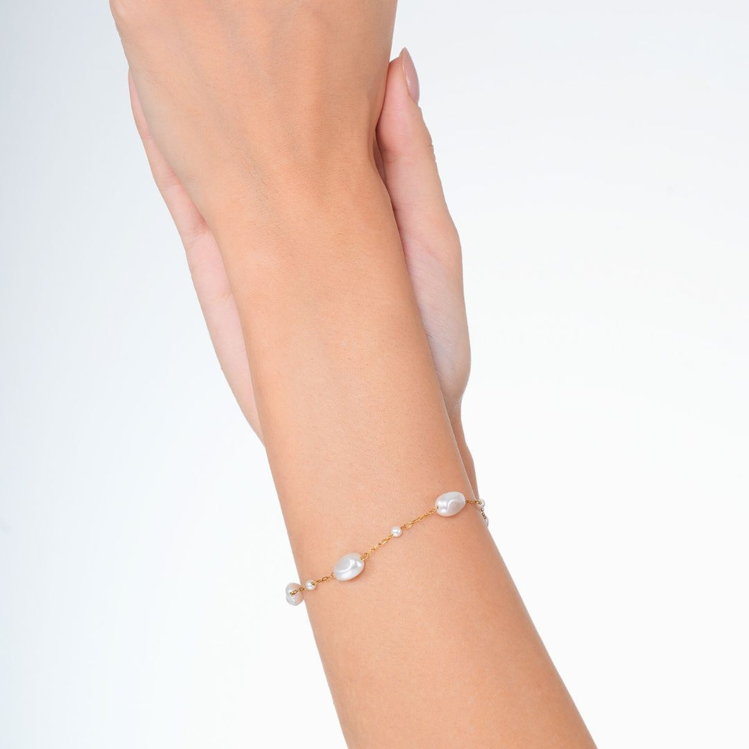 18 KT Gold Plated Stainless Steel Dainty Rolo Chain Freshwater Pearl Bracelet, Margerie
