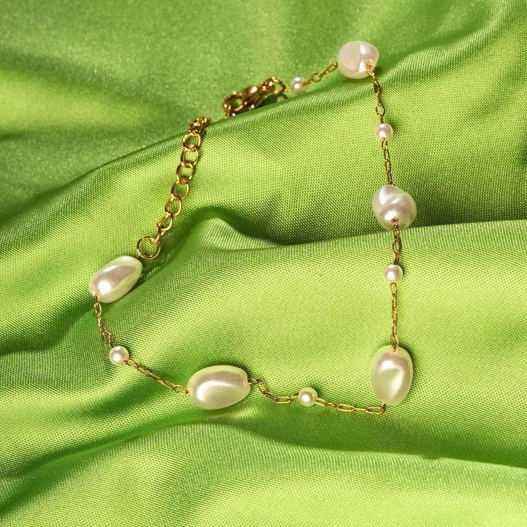 18 KT Gold Plated Stainless Steel Dainty Rolo Chain Freshwater Pearl Bracelet, Margerie