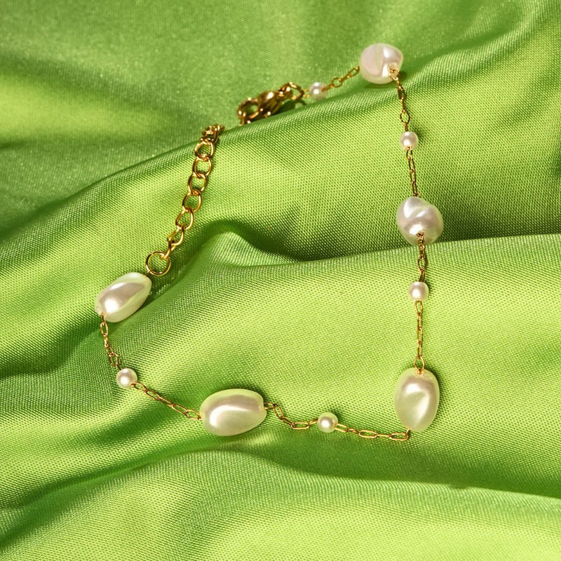 18 KT Gold Plated Set of 2 Stainless Steel Dainty Freshwater Pearl Rolo Necklace & Bracelet, Margot & Margerie